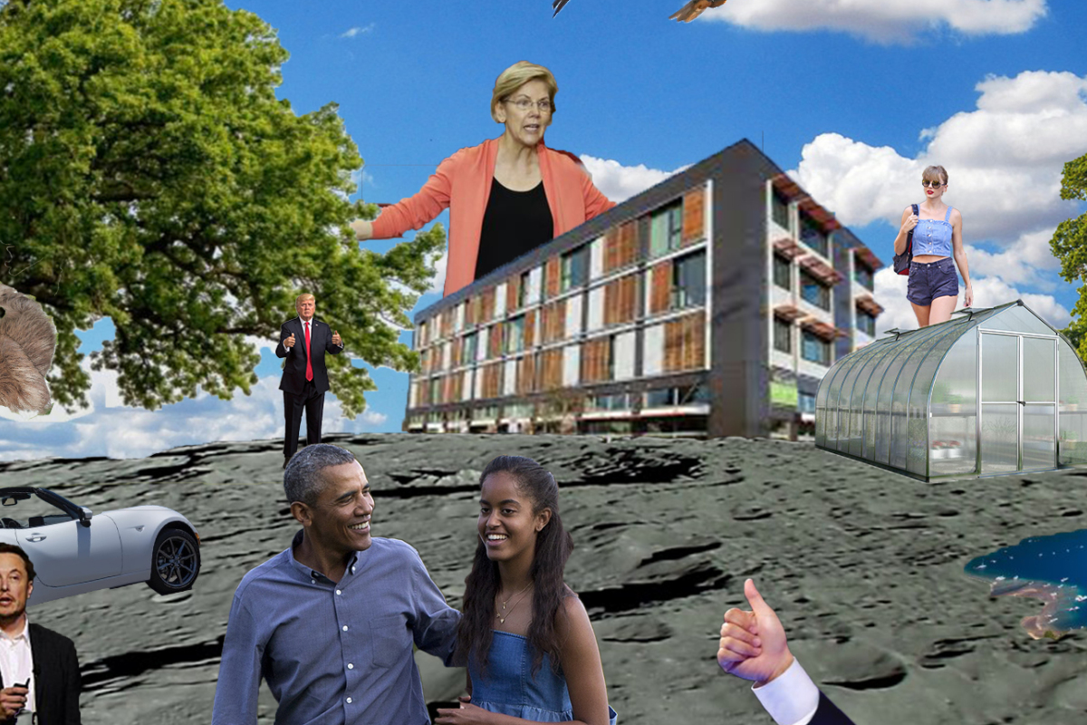 A collage of people on a moon with a blue sky, Taylor Swift and The Obamas and a greenhouse, along with other characters and items, are photoshopped into one collage. This is a lightbox that leads into a link.