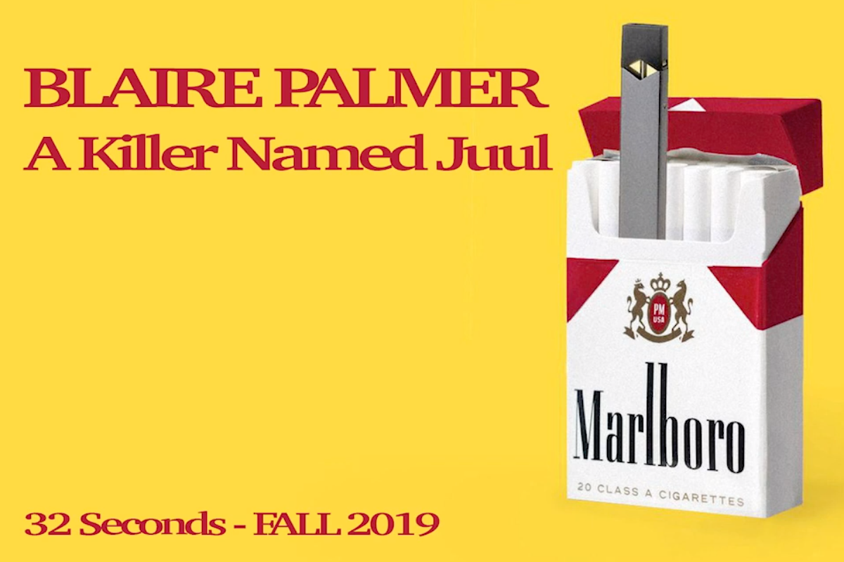 A screenshot of a youtube cover, it is a juul in a box of cigarettes with a yellow background. This is a lightbox that leads into a link.